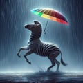 A zebra dancing in the rain with a vibrant umbrella, photoreal