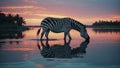 Zebra with distinctive black and white coat drinking water from the serene lake that reflects the sunset sky Royalty Free Stock Photo