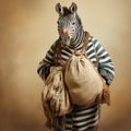 Quirky Zebra Portrait With Traditional Bavarian Clothing And Potato Sack Royalty Free Stock Photo