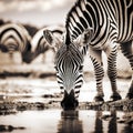 Zebra drinking black and white