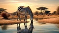 A zebra is drinking water from a pond at sunset. African savanna. Generative AI Royalty Free Stock Photo