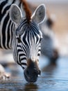 A zebra drinking water from a small pond Royalty Free Stock Photo