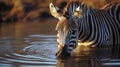 A zebra drinks water from a pond at sunset Royalty Free Stock Photo