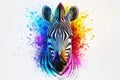 Zebra face emerging from colorful splashes creating stunning visual art Royalty Free Stock Photo