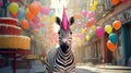 A zebra in a festive hat walks through the city streets decorated with balloons for birthday. Royalty Free Stock Photo