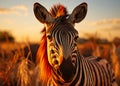 zebra in the field backlit warm lighting sunset nature. Generative AI Royalty Free Stock Photo
