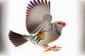 Zebra Finch flying, Taeniopygia guttata, against white background