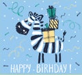 Zebra with gift box birthday card cool design. Greeting post card template. Safari animal date of birth.