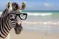 A zebra with glasses on the beach basks in the summer sun on the beach. Animal on warm sand
