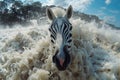 Zebra gracefully glides on water amidst glistening foam, AI-generated.