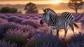 Zebra Running Through Purple Lavender Field at Sunset with Magical Light Royalty Free Stock Photo