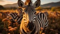 Zebra grazing on plain, looking at camera, Africa beauty generated by AI