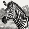 Zebra head on the background of the African savannah, engraving style, close-up portrait, black and white Royalty Free Stock Photo