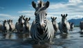 Zebra herd in African savannah, drinking from waterhole generated by AI Royalty Free Stock Photo