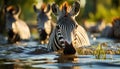 Zebra herd drinking at waterhole, tranquil scene in Africa generated by AI Royalty Free Stock Photo