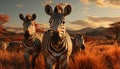 Zebra herd grazing on the savannah at sunset, nature beauty generated by AI Royalty Free Stock Photo