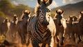 Zebra herd standing in the African savannah at sunset generated by AI Royalty Free Stock Photo