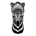 Zebra, horse. Wild animal wearing inidan headdress with feathers. Boho chic style illustration for tattoo, emblem, badge Royalty Free Stock Photo