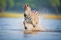 zebra kicking up water as it trots from lake