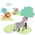 Zebra and lion runing in the field illustration.