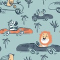 Zebra, lion, toucan car race funny cool summer t-shirt seamless pattern. Road trip vacation print design. Beach sports Royalty Free Stock Photo