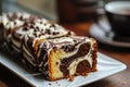 Zebra marble cake dessert. Striped sugary brown sponge biscuit with frosting