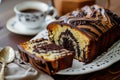 Zebra marble cake dessert. Striped sugary brown sponge biscuit with frosting
