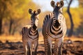 Zebra mother and zebra foal in grassland savanna, close up shot, beautiful wildlife animal background. Generative AI