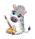 Zebra painter with paint palette and brush. Profession, hobby, children's character Royalty Free Stock Photo