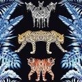 Zebra panther tiger mirror blue leaves black background pattern