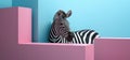 a zebra peeking out of a blue and pink wall