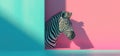 a zebra peeking out of a blue and pink wall