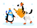 Zebra and penguin skating - flat design style illustration