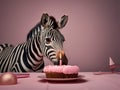 A zebra with a pink birthday cake, blow candles, happy birthday and celebration concept, pink background generative AI