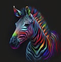 Zebra portrait in rainbow colors. Generative AI