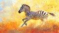 A zebra running through a field of yellow grass a burst of colors and movement Royalty Free Stock Photo