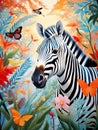 zebra\'s head adorned with colorful and vibrant flower patterns, fusing the allure of wildlife and nature.