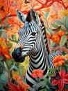 zebra\'s head adorned with colorful and vibrant flower patterns, fusing the allure of wildlife and nature.