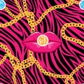 Zebra seamless pattern in abstract style with hot pink lips and gold chains with gemstone, Vector illustration seamless animal Royalty Free Stock Photo