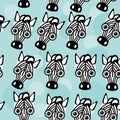 Zebra Seamless pattern with funny cute animal face on a blue background. Vector Royalty Free Stock Photo
