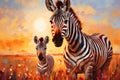 Zebra with a small foal in the savannah. Oil painting in the style of impressionism