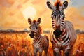 Zebra with a small foal in the savannah. Oil painting in the style of impressionism