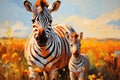 Zebra with a small foal in the savannah. Oil painting in the style of impressionism