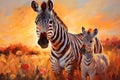 Zebra with a small foal in the savannah. Oil painting in the style of impressionism