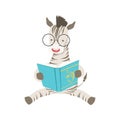 Zebra Smiling Bookworm Zoo Character Wearing Glasses And Reading A Book Cartoon Illustration Part Of Animals In Library Royalty Free Stock Photo