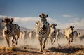 A zebra stampede in the Etosha National Park of Namibia