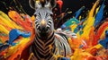 a zebra standing in the middle of a bunch of paint splattered on it\'s face and body Royalty Free Stock Photo