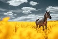 Zebra standing in a yellow canola field. AI generated