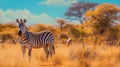 Zebra standing in yellow grass AI generated image