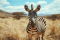 A zebra stands alone in a dry grass field, isolated and majestic Royalty Free Stock Photo